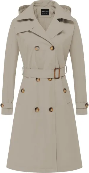 CREATMO US Women's Long Trench Coat Double-Breasted Classic Lapel Overcoat Belted Slim Outerwear Coat with Detachable Hood