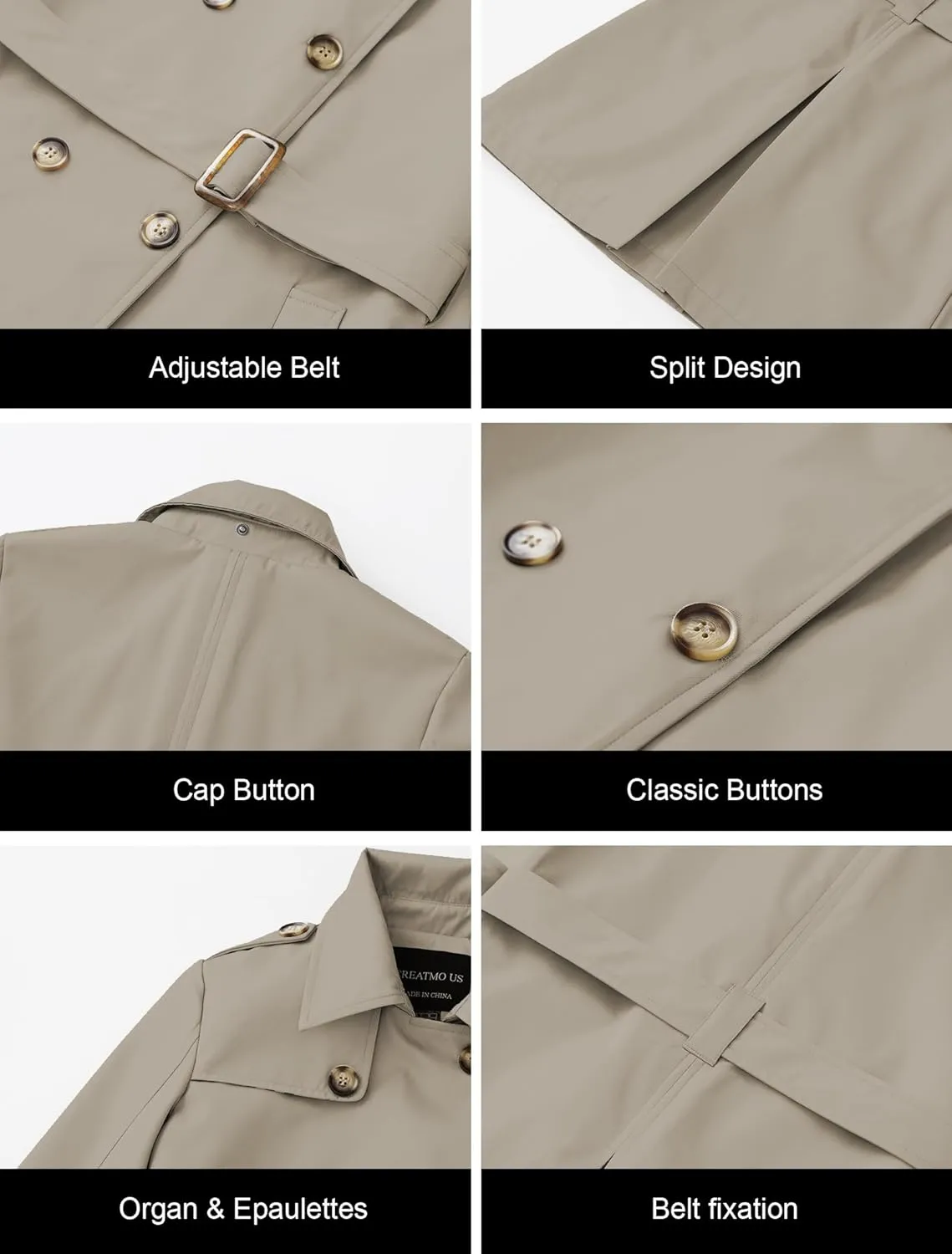 CREATMO US Women's Long Trench Coat Double-Breasted Classic Lapel Overcoat Belted Slim Outerwear Coat with Detachable Hood