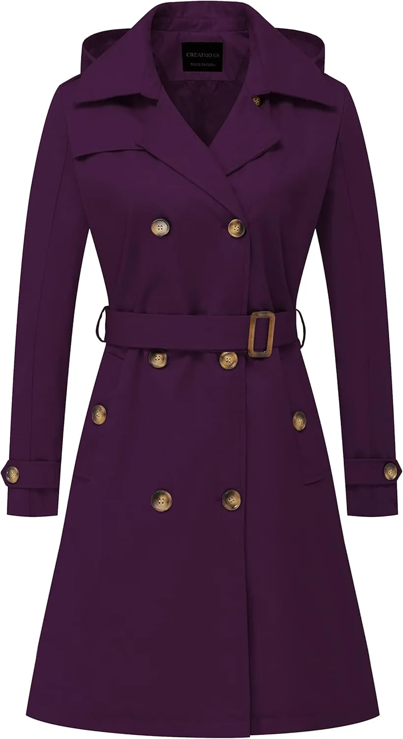 CREATMO US Women's Long Trench Coat Double-Breasted Classic Lapel Overcoat Belted Slim Outerwear Coat with Detachable Hood