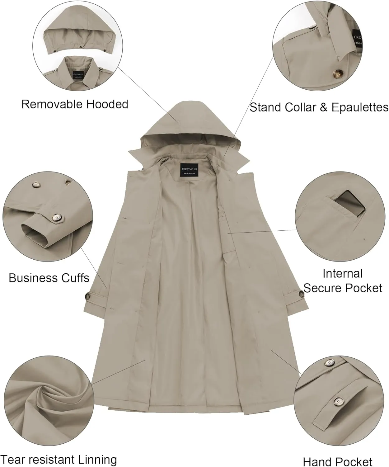 CREATMO US Women's Long Trench Coat Double-Breasted Classic Lapel Overcoat Belted Slim Outerwear Coat with Detachable Hood