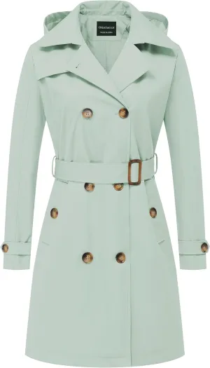 CREATMO US Women's Long Trench Coat Double-Breasted Classic Lapel Overcoat Belted Slim Outerwear Coat with Detachable Hood