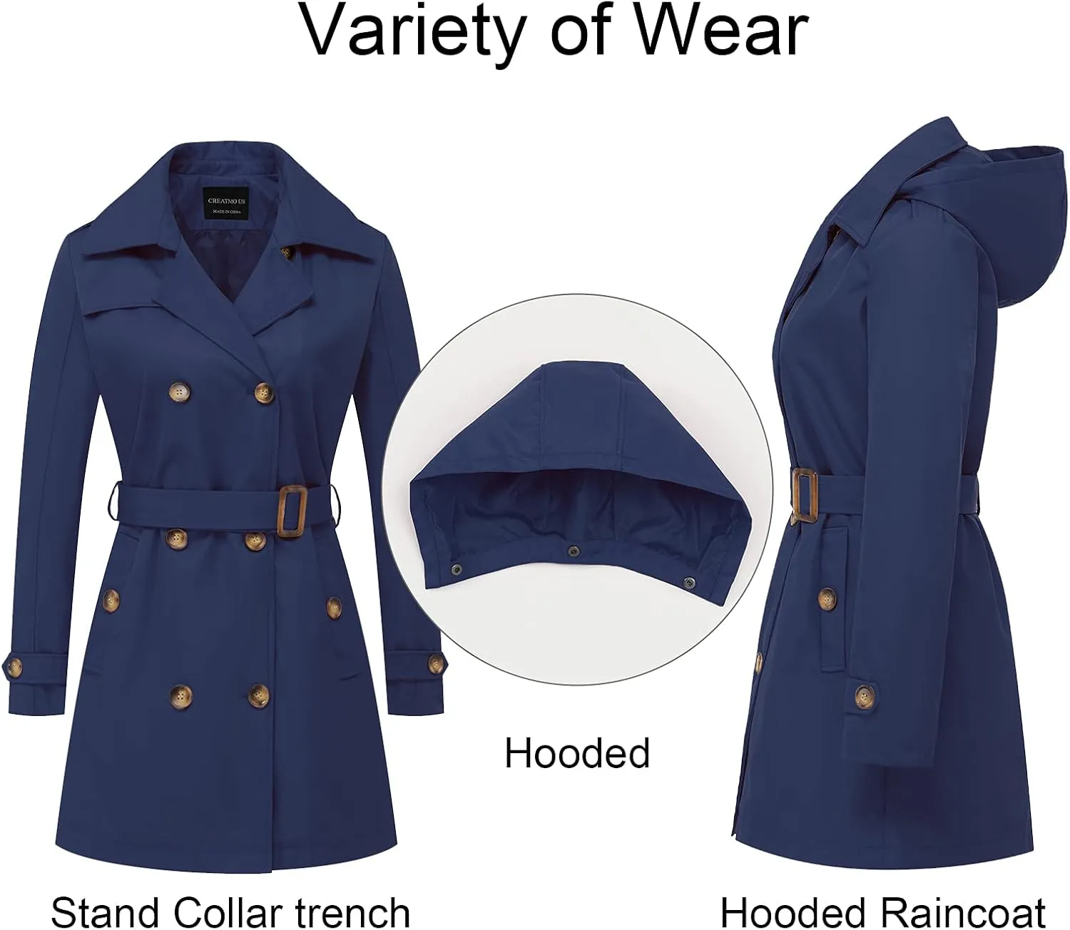 CREATMO US Women's Trench Coat Double-Breasted Classic Lapel Overcoat Belted Slim Outerwear Coat with Detachable Hood