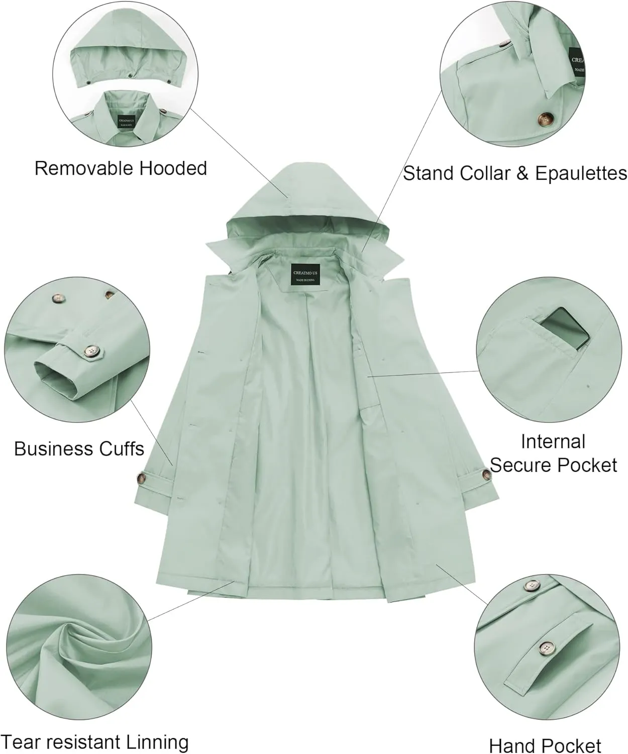 CREATMO US Women's Trench Coat Double-Breasted Classic Lapel Overcoat Belted Slim Outerwear Coat with Detachable Hood