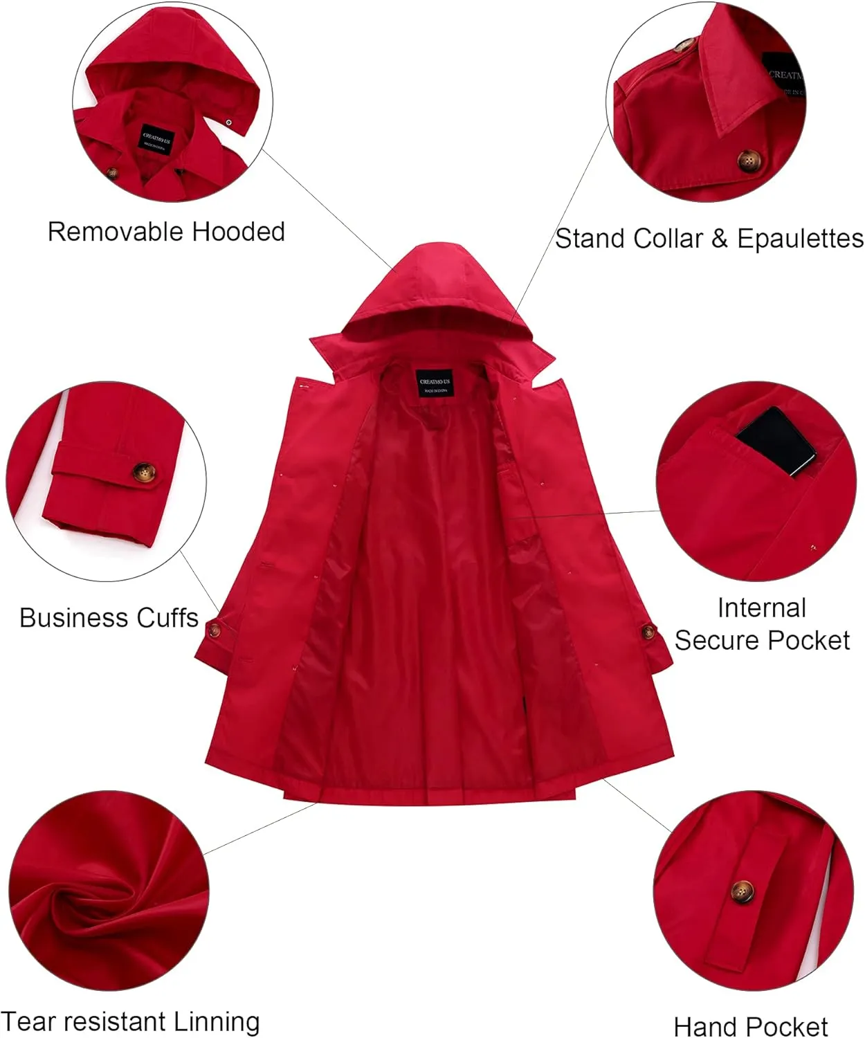 CREATMO US Women's Trench Coat Double-Breasted Classic Lapel Overcoat Belted Slim Outerwear Coat with Detachable Hood