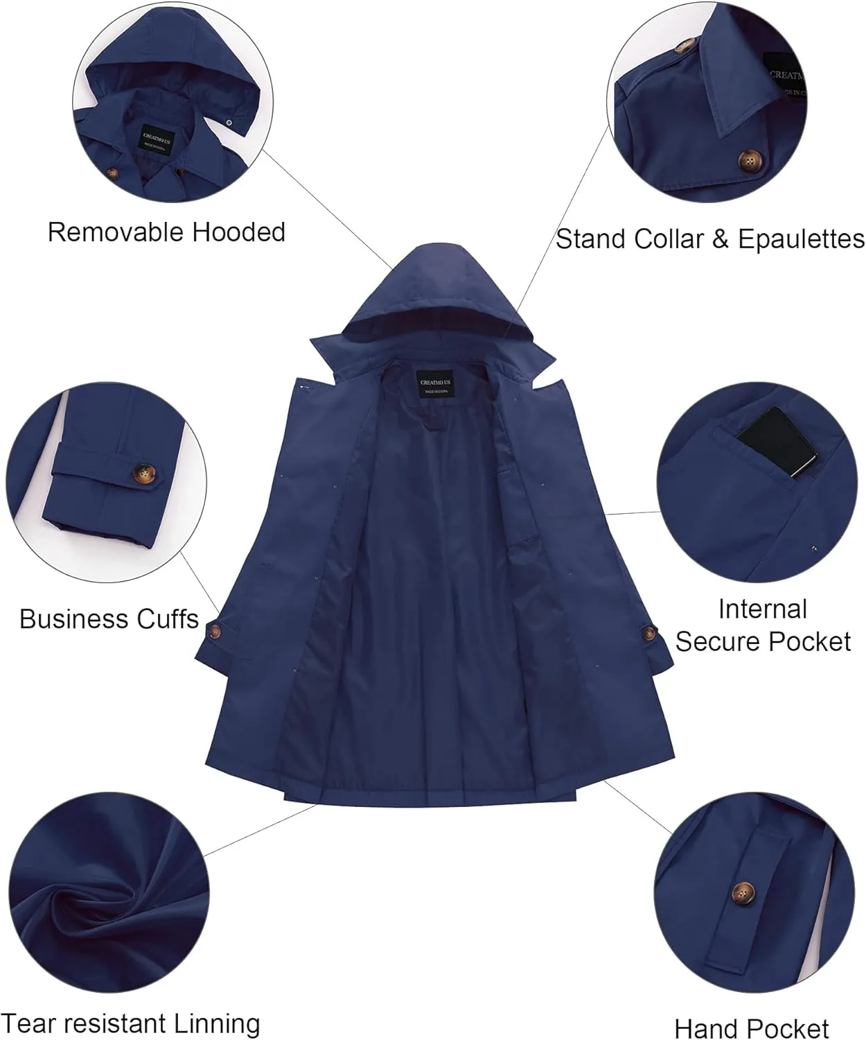 CREATMO US Women's Trench Coat Double-Breasted Classic Lapel Overcoat Belted Slim Outerwear Coat with Detachable Hood