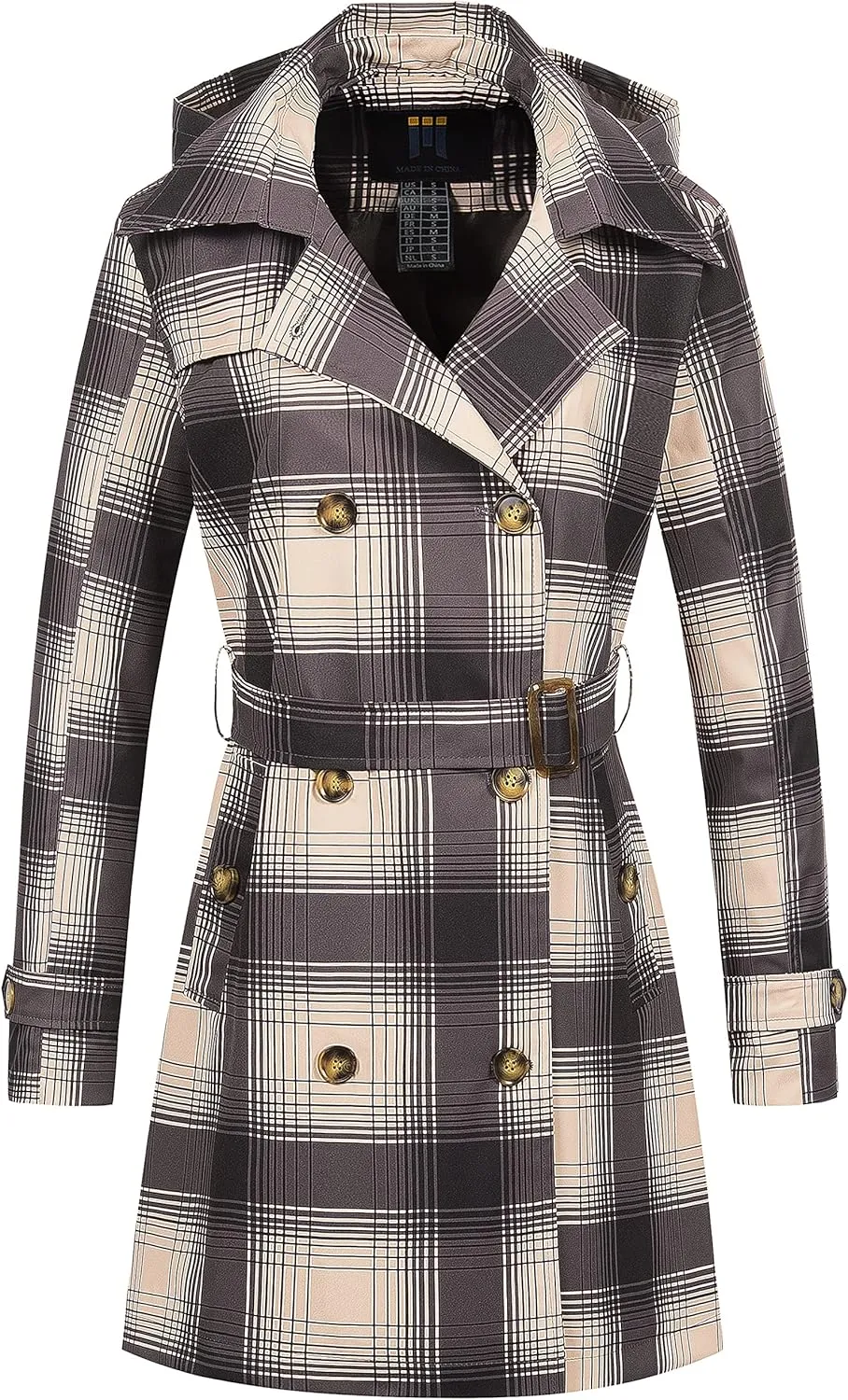 CREATMO US Women's Trench Coat Double-Breasted Classic Lapel Overcoat Belted Slim Outerwear Coat with Detachable Hood