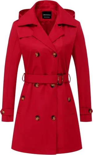 CREATMO US Women's Trench Coat Double-Breasted Classic Lapel Overcoat Belted Slim Outerwear Coat with Detachable Hood