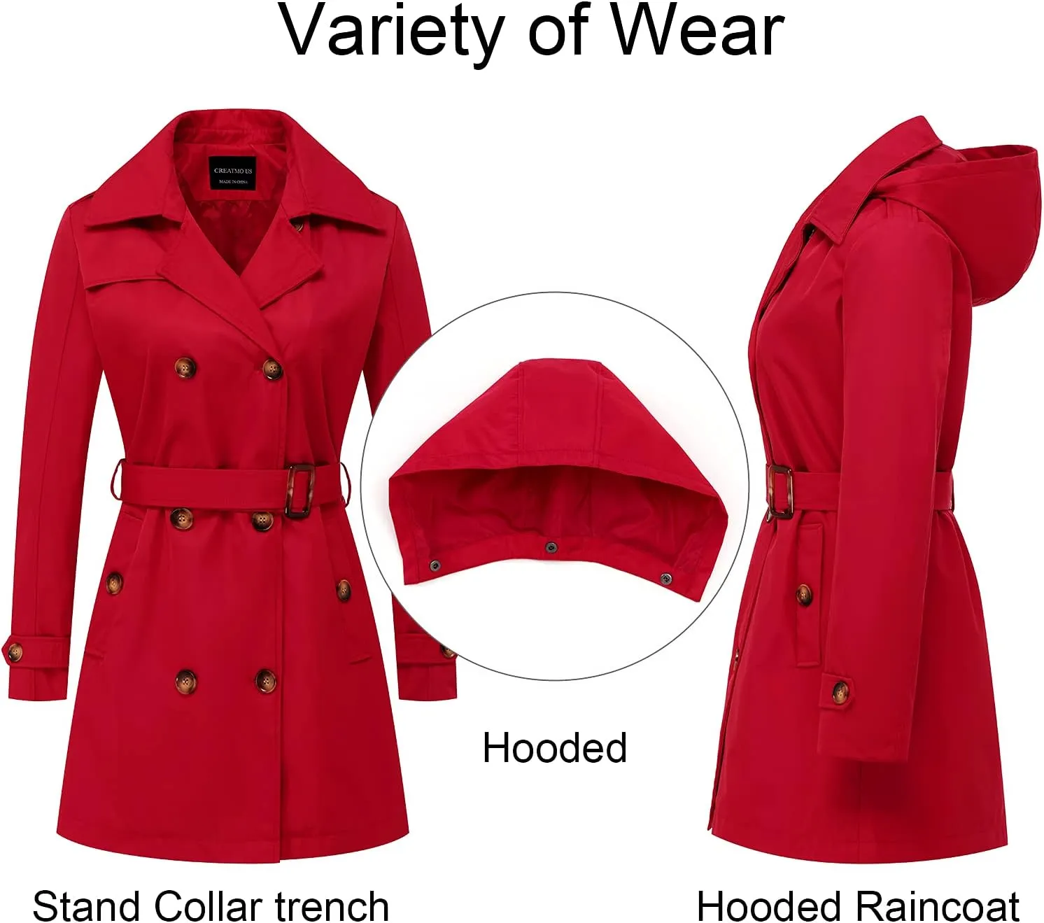 CREATMO US Women's Trench Coat Double-Breasted Classic Lapel Overcoat Belted Slim Outerwear Coat with Detachable Hood