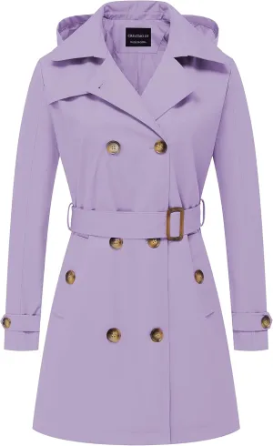 CREATMO US Women's Trench Coat Double-Breasted Classic Lapel Overcoat Belted Slim Outerwear Coat with Detachable Hood