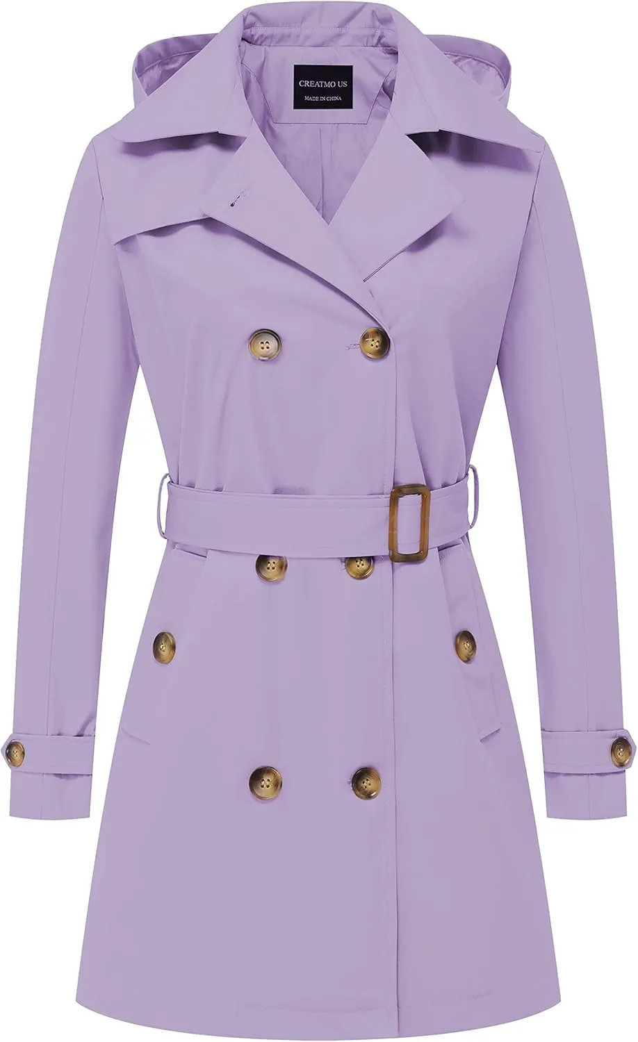 CREATMO US Women's Trench Coat Double-Breasted Classic Lapel Overcoat Belted Slim Outerwear Coat with Detachable Hood