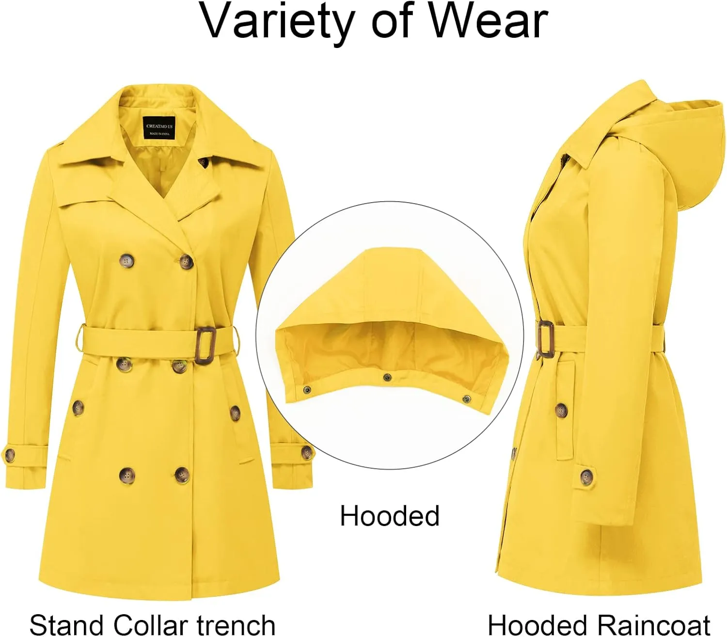 CREATMO US Women's Trench Coat Double-Breasted Classic Lapel Overcoat Belted Slim Outerwear Coat with Detachable Hood