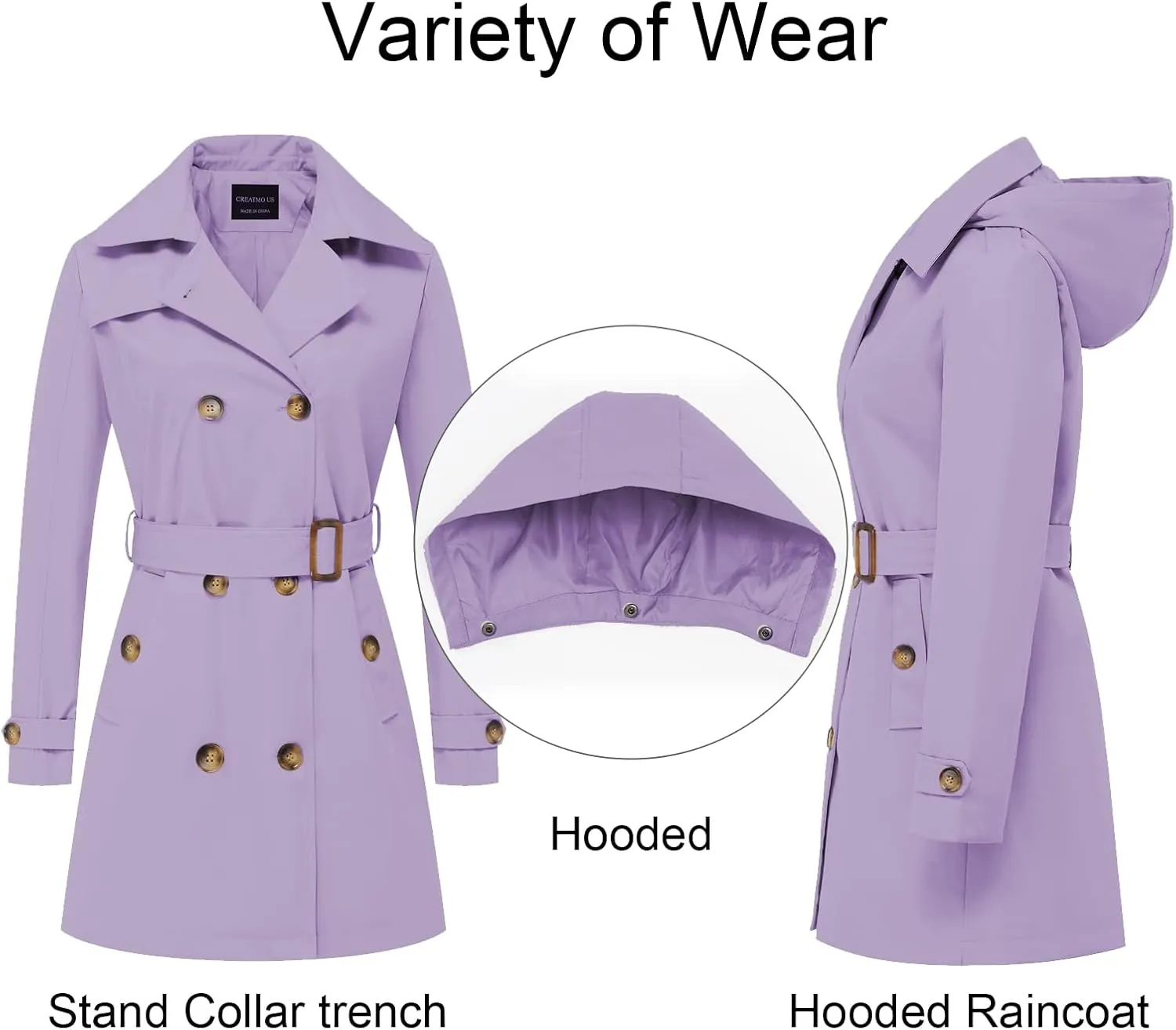 CREATMO US Women's Trench Coat Double-Breasted Classic Lapel Overcoat Belted Slim Outerwear Coat with Detachable Hood