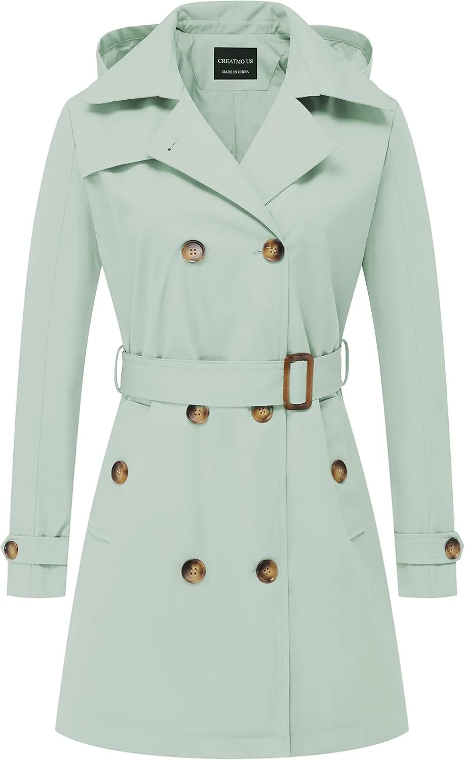 CREATMO US Women's Trench Coat Double-Breasted Classic Lapel Overcoat Belted Slim Outerwear Coat with Detachable Hood