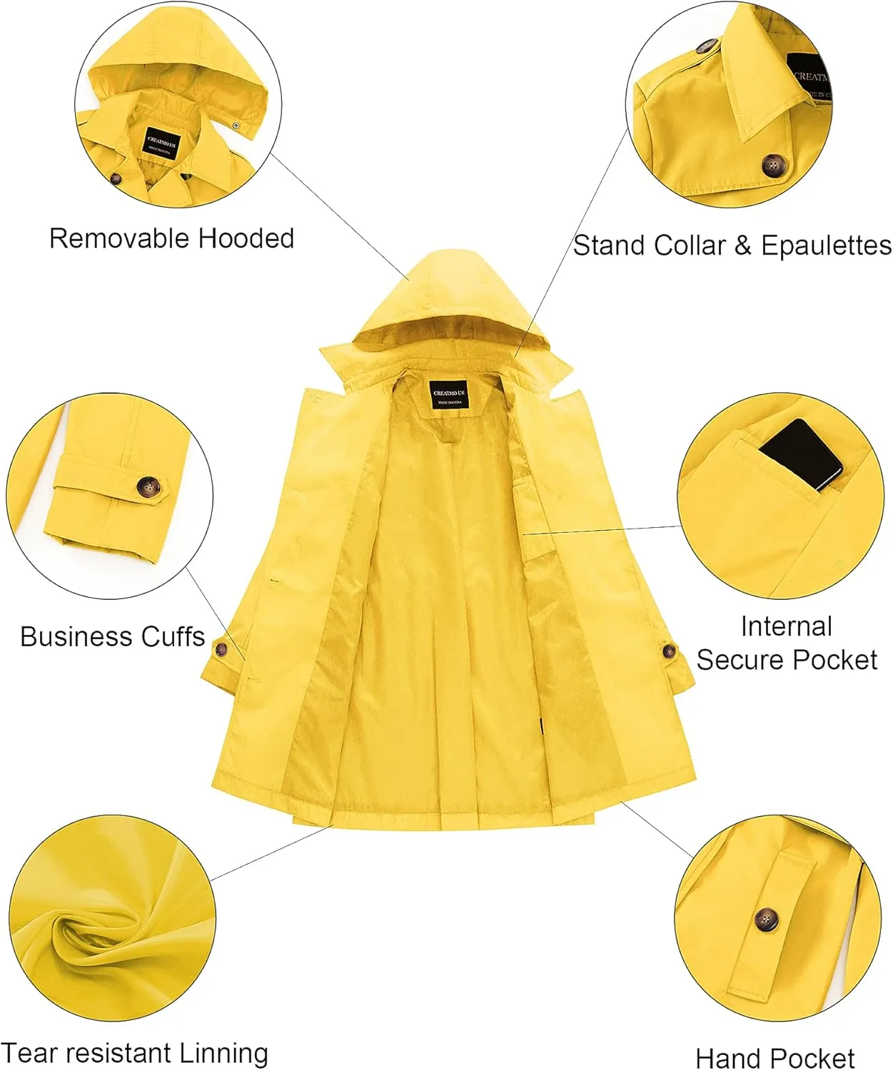 CREATMO US Women's Trench Coat Double-Breasted Classic Lapel Overcoat Belted Slim Outerwear Coat with Detachable Hood