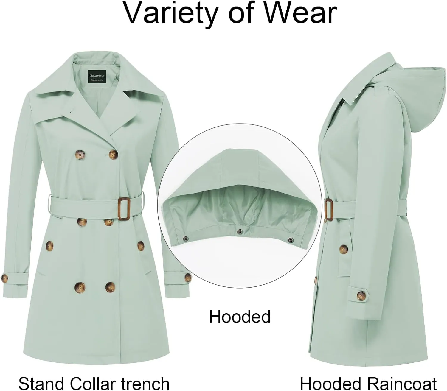 CREATMO US Women's Trench Coat Double-Breasted Classic Lapel Overcoat Belted Slim Outerwear Coat with Detachable Hood
