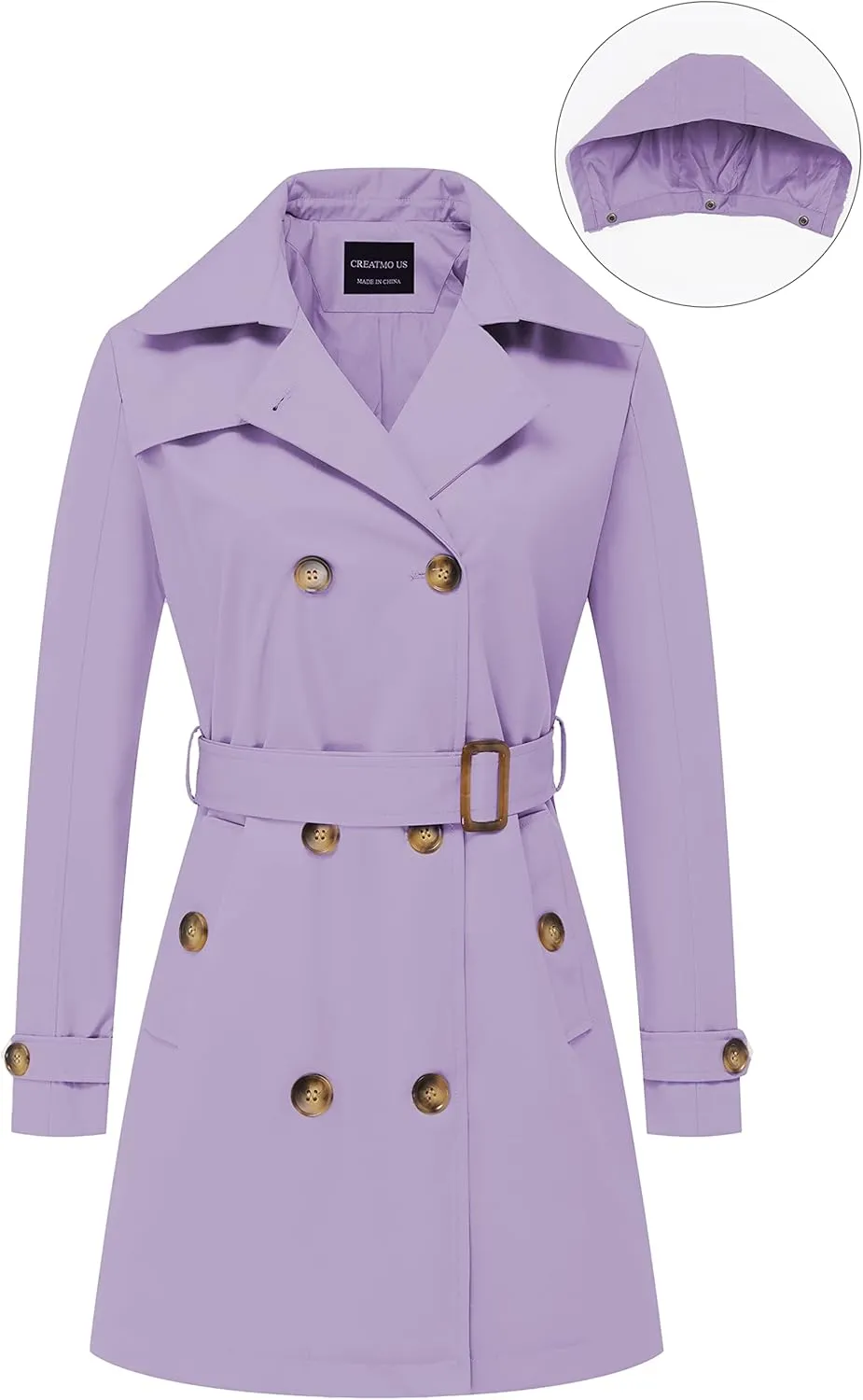 CREATMO US Women's Trench Coat Double-Breasted Classic Lapel Overcoat Belted Slim Outerwear Coat with Detachable Hood
