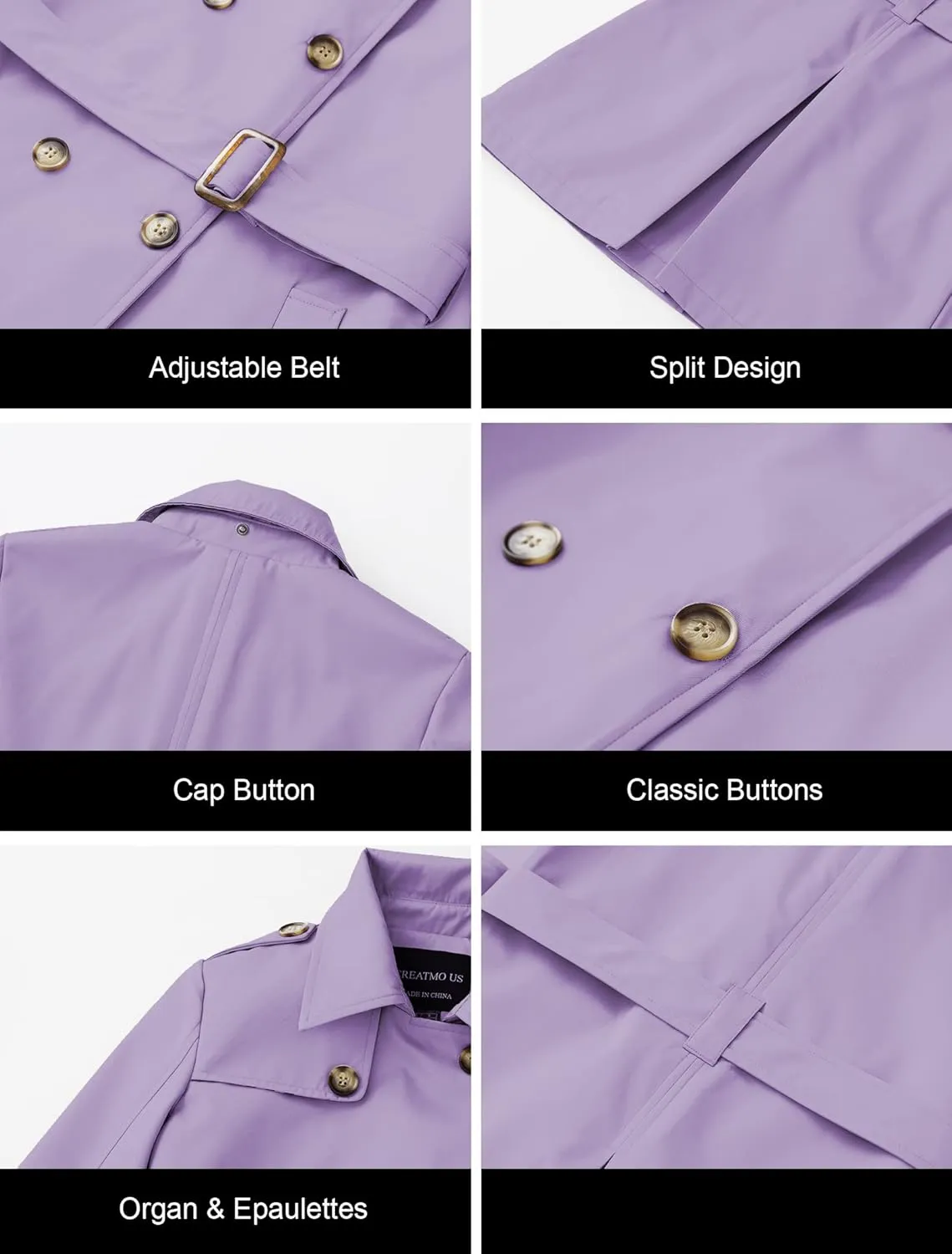 CREATMO US Women's Trench Coat Double-Breasted Classic Lapel Overcoat Belted Slim Outerwear Coat with Detachable Hood
