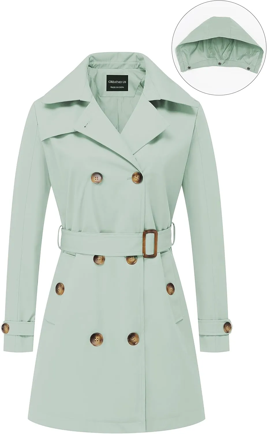 CREATMO US Women's Trench Coat Double-Breasted Classic Lapel Overcoat Belted Slim Outerwear Coat with Detachable Hood