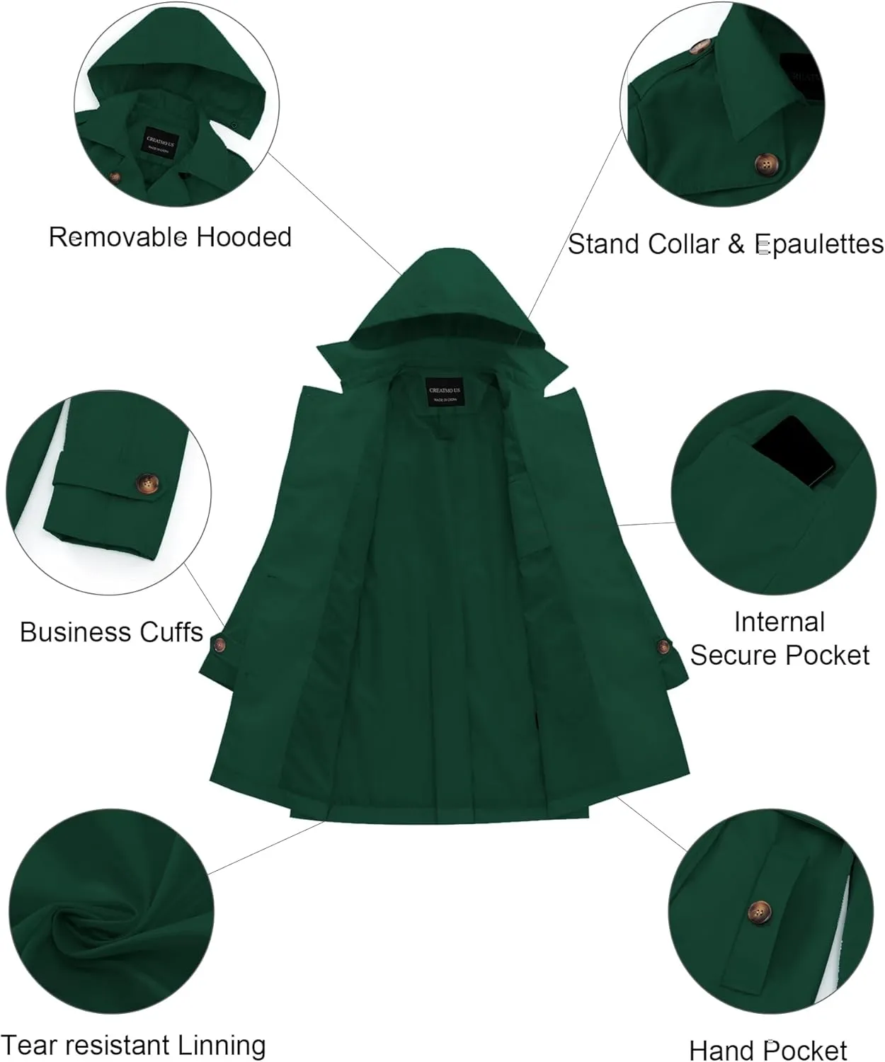 CREATMO US Women's Trench Coat Double-Breasted Classic Lapel Overcoat Belted Slim Outerwear Coat with Detachable Hood