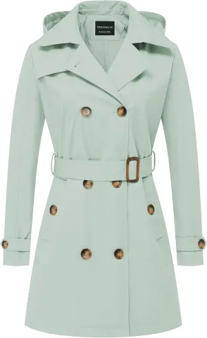 CREATMO US Women's Trench Coat Double-Breasted Classic Lapel Overcoat Belted Slim Outerwear Coat with Detachable Hood