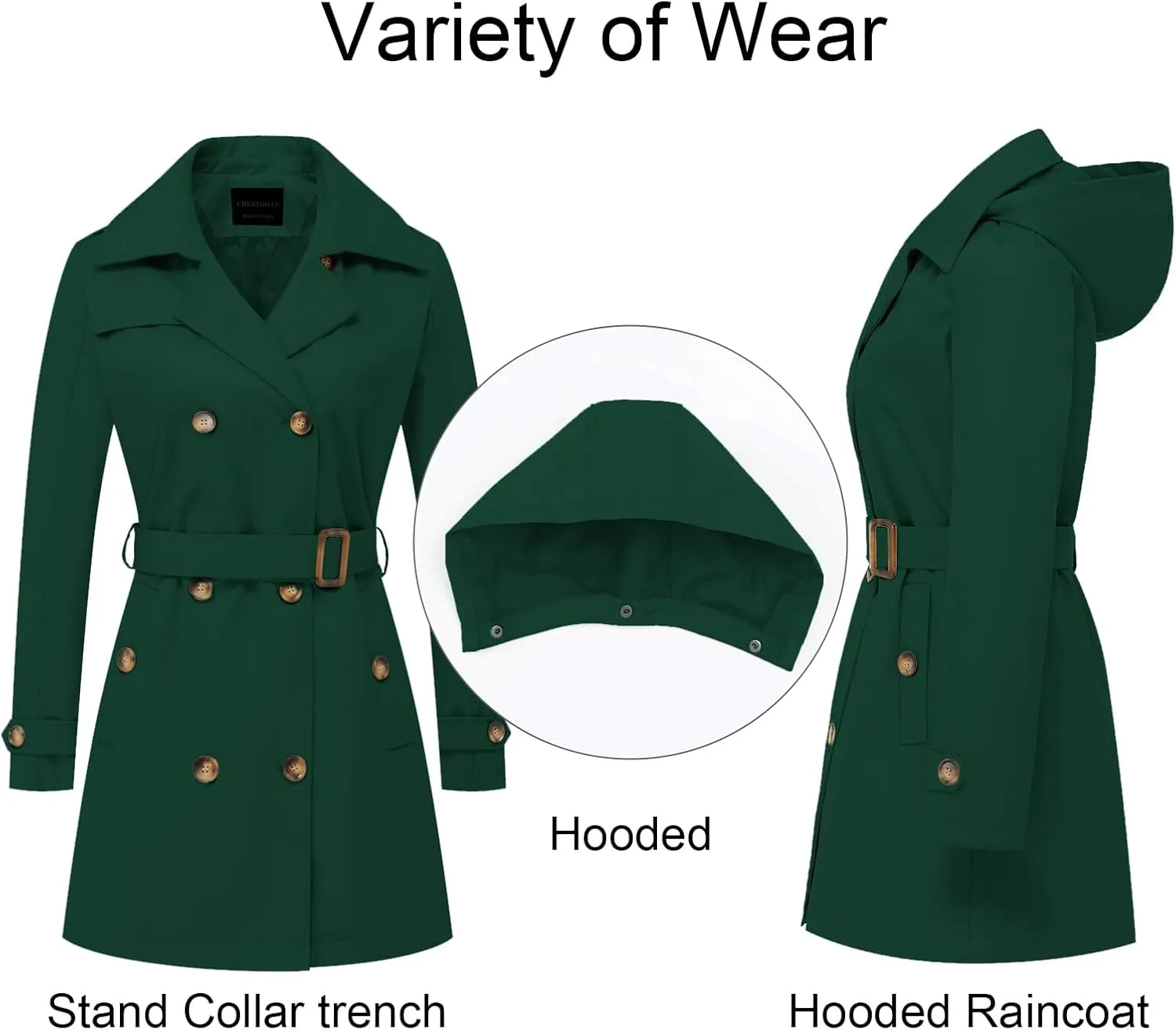 CREATMO US Women's Trench Coat Double-Breasted Classic Lapel Overcoat Belted Slim Outerwear Coat with Detachable Hood