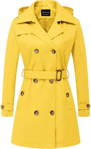 CREATMO US Women's Trench Coat Double-Breasted Classic Lapel Overcoat Belted Slim Outerwear Coat with Detachable Hood