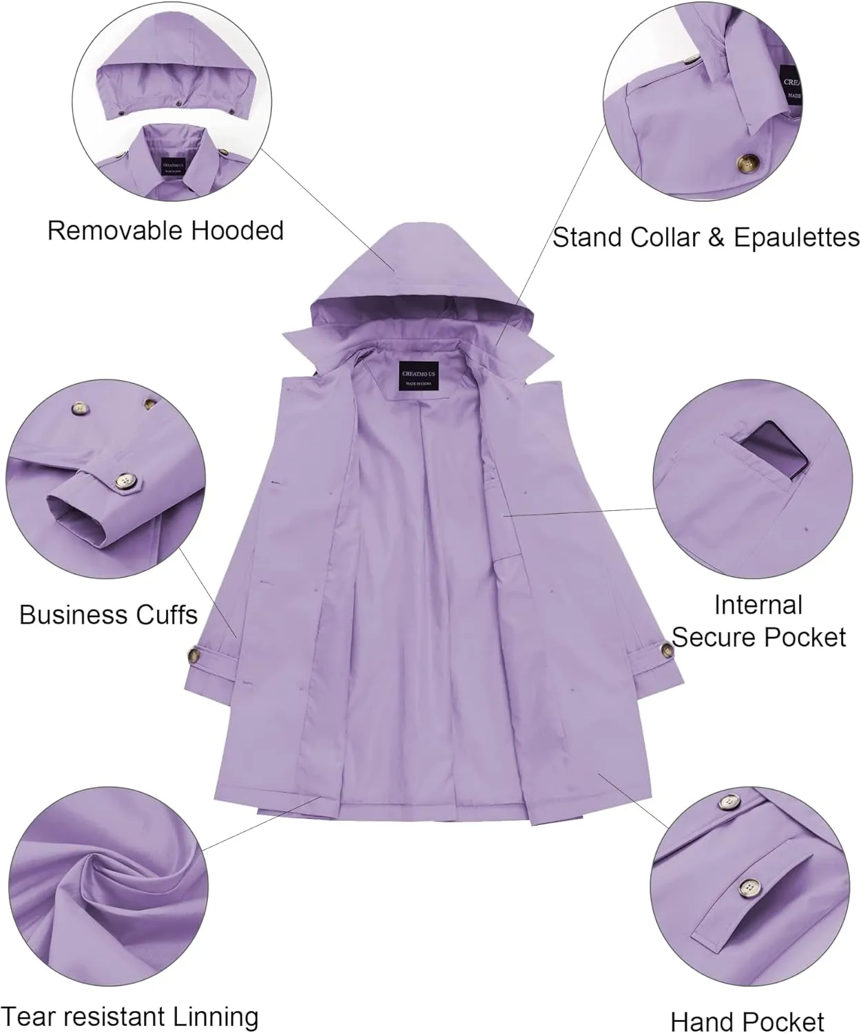 CREATMO US Women's Trench Coat Double-Breasted Classic Lapel Overcoat Belted Slim Outerwear Coat with Detachable Hood