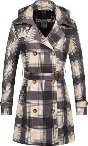 CREATMO US Women's Trench Coat Double-Breasted Classic Lapel Overcoat Belted Slim Outerwear Coat with Detachable Hood