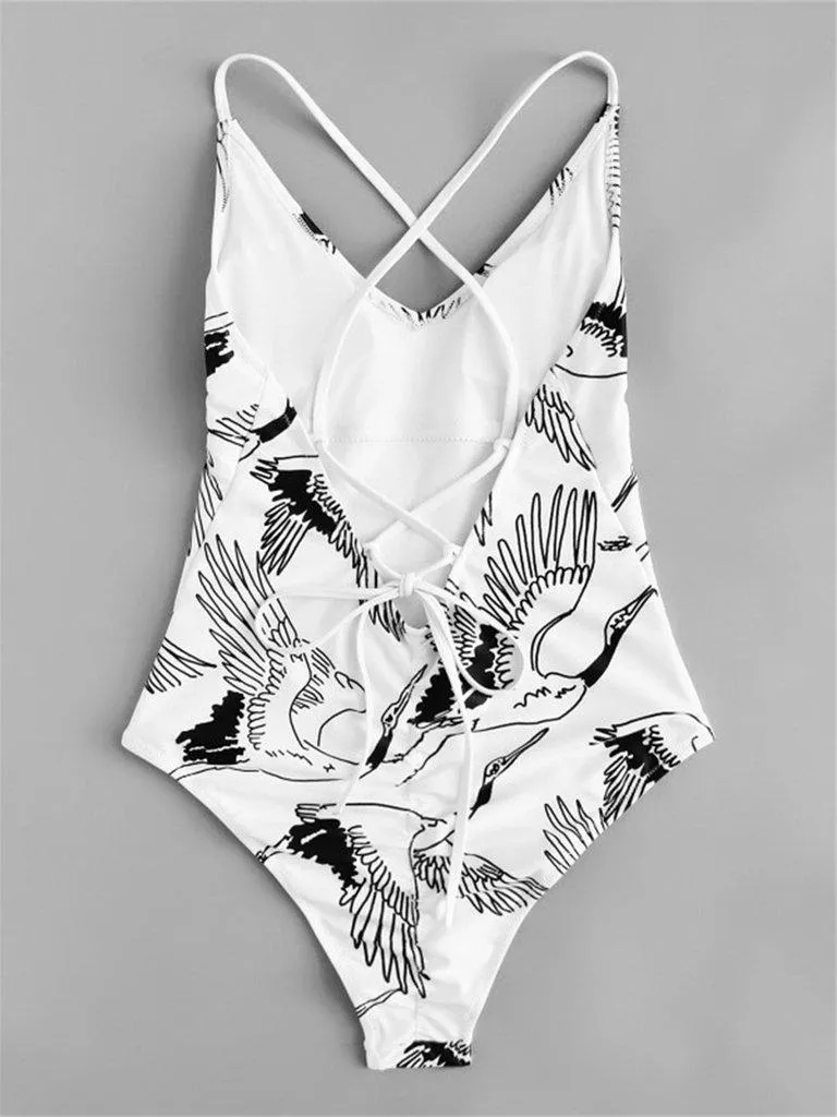 Criss Cross Crane Print Swimsuit