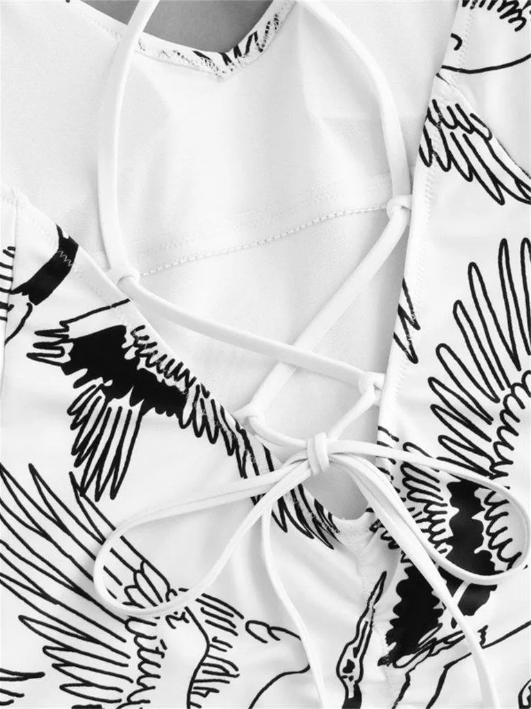 Criss Cross Crane Print Swimsuit