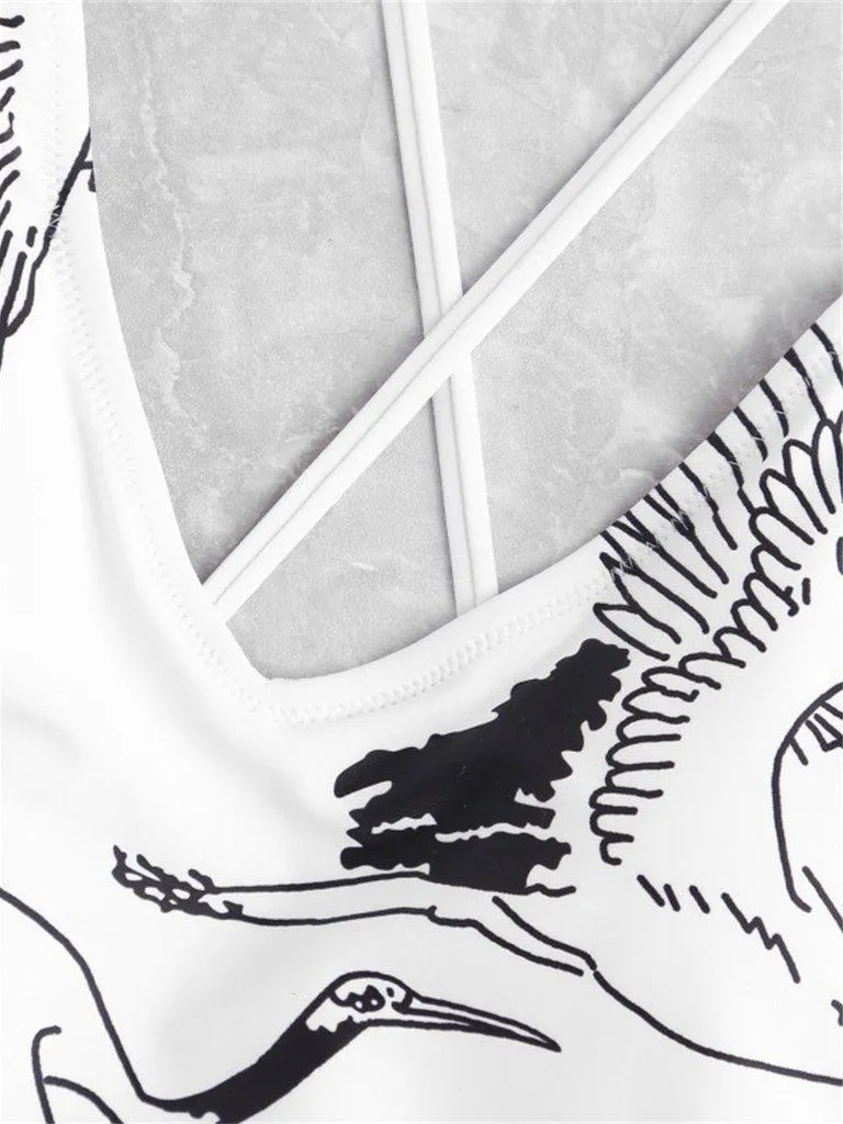 Criss Cross Crane Print Swimsuit