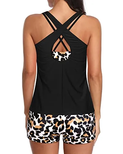 Cross Back Swim Tank Top With Bra & Boy Shorts For Women-Black And Leopard