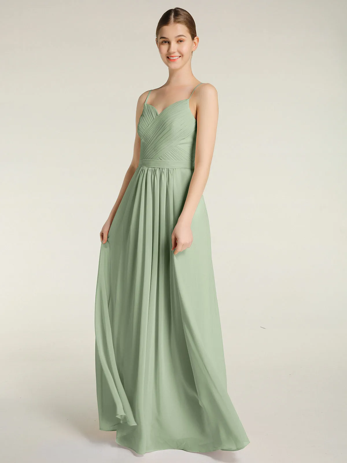 Cross Pleated Bodice Spaghetti Strap Dresses Dusty Sage Plus Size