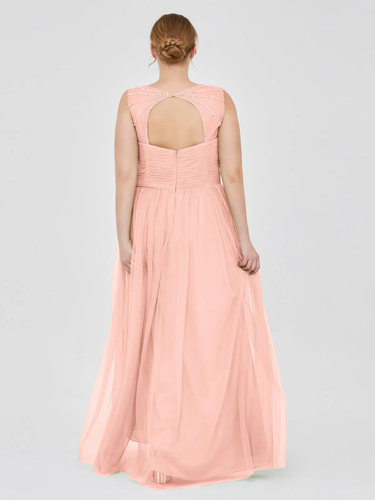 Cross-Pleated Tulle Long Dresses with Beaded Straps Coral Plus Size