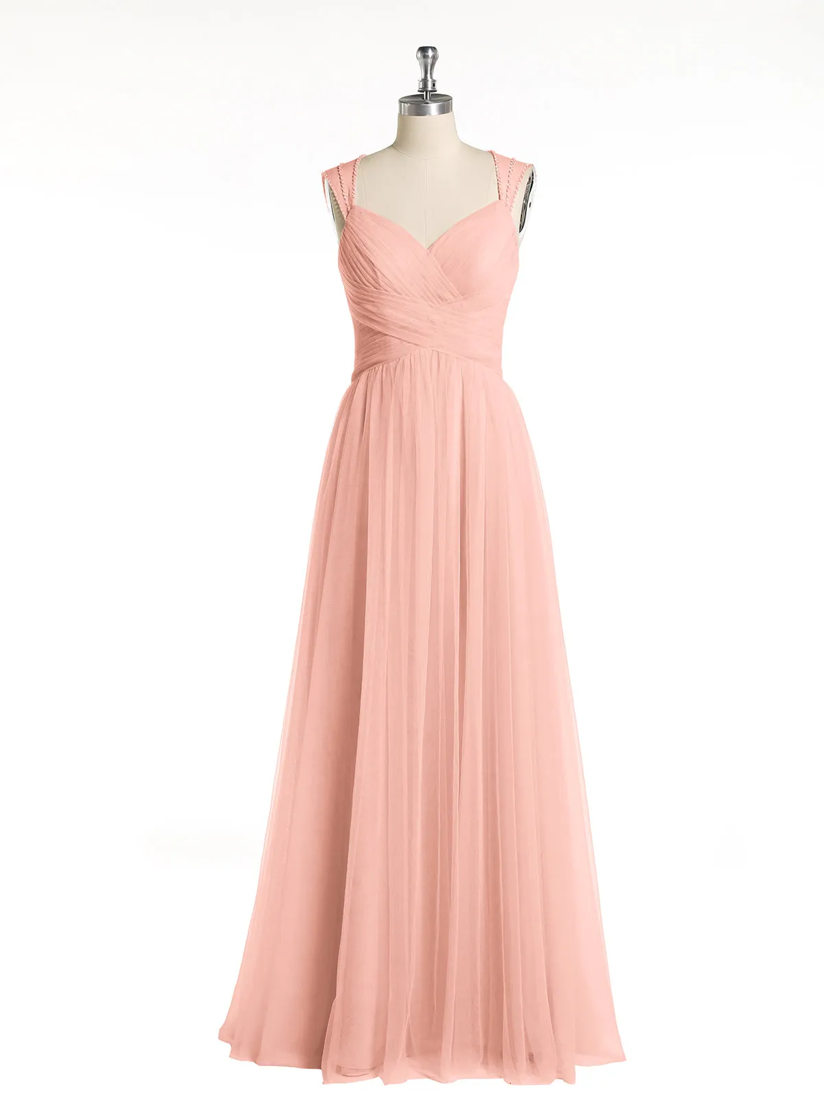 Cross-Pleated Tulle Long Dresses with Beaded Straps Coral Plus Size