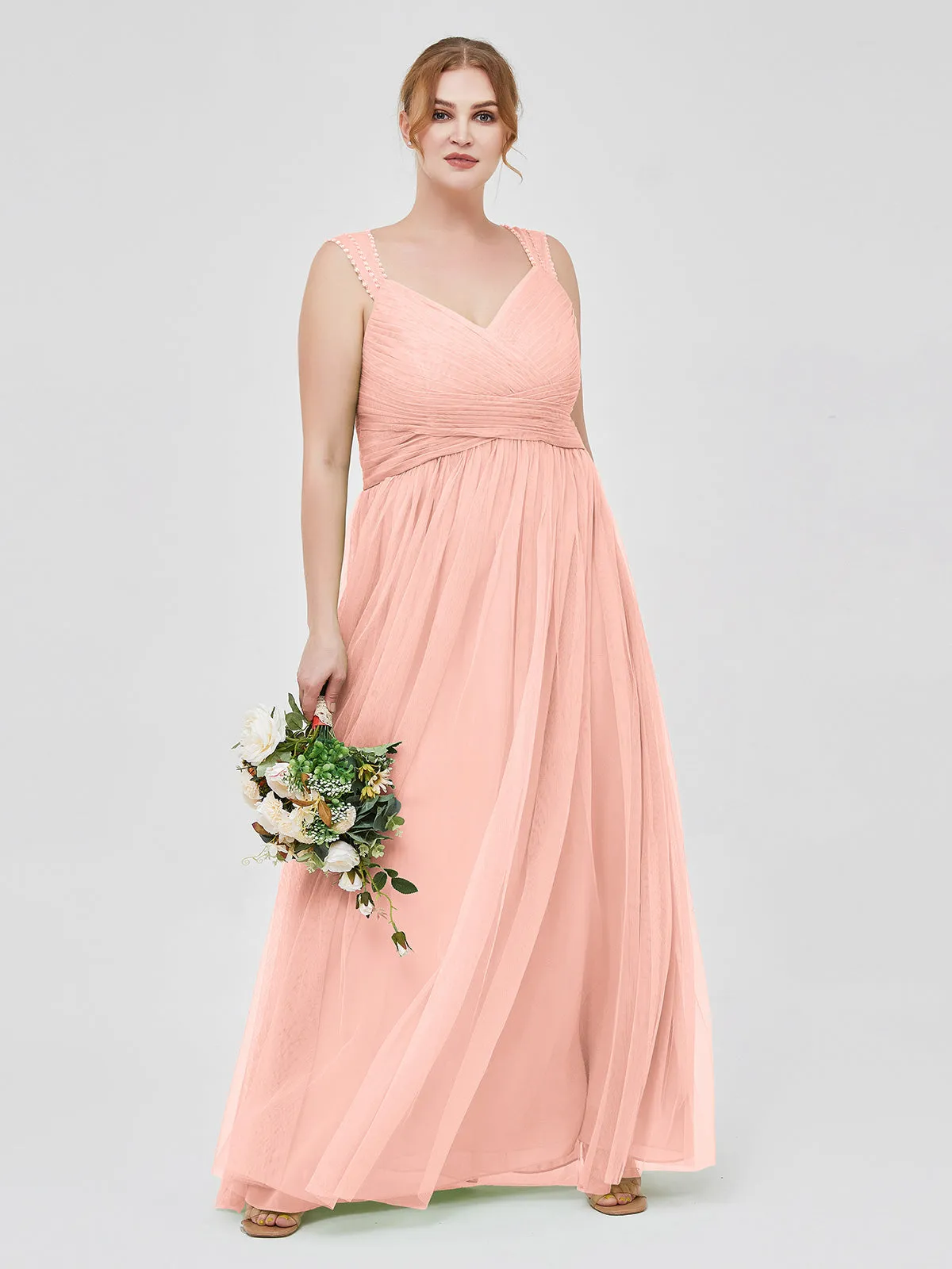 Cross-Pleated Tulle Long Dresses with Beaded Straps Coral Plus Size