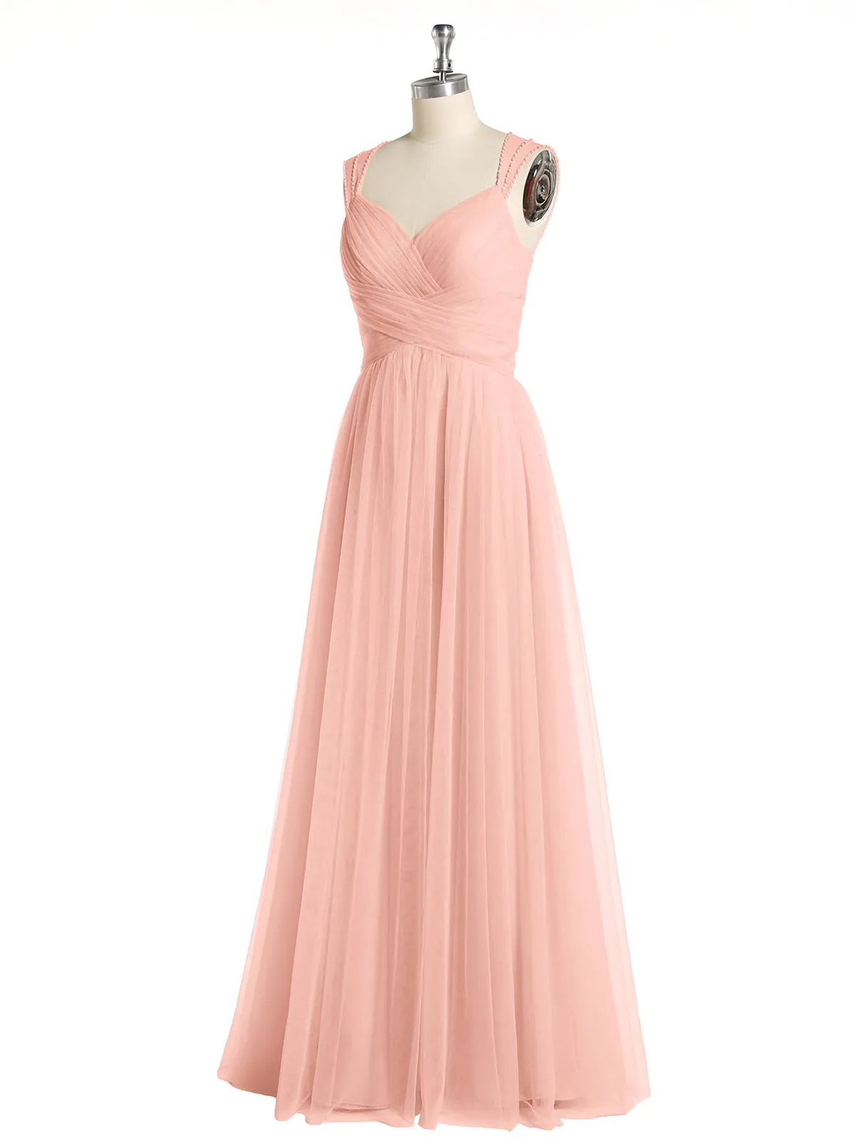 Cross-Pleated Tulle Long Dresses with Beaded Straps Coral Plus Size