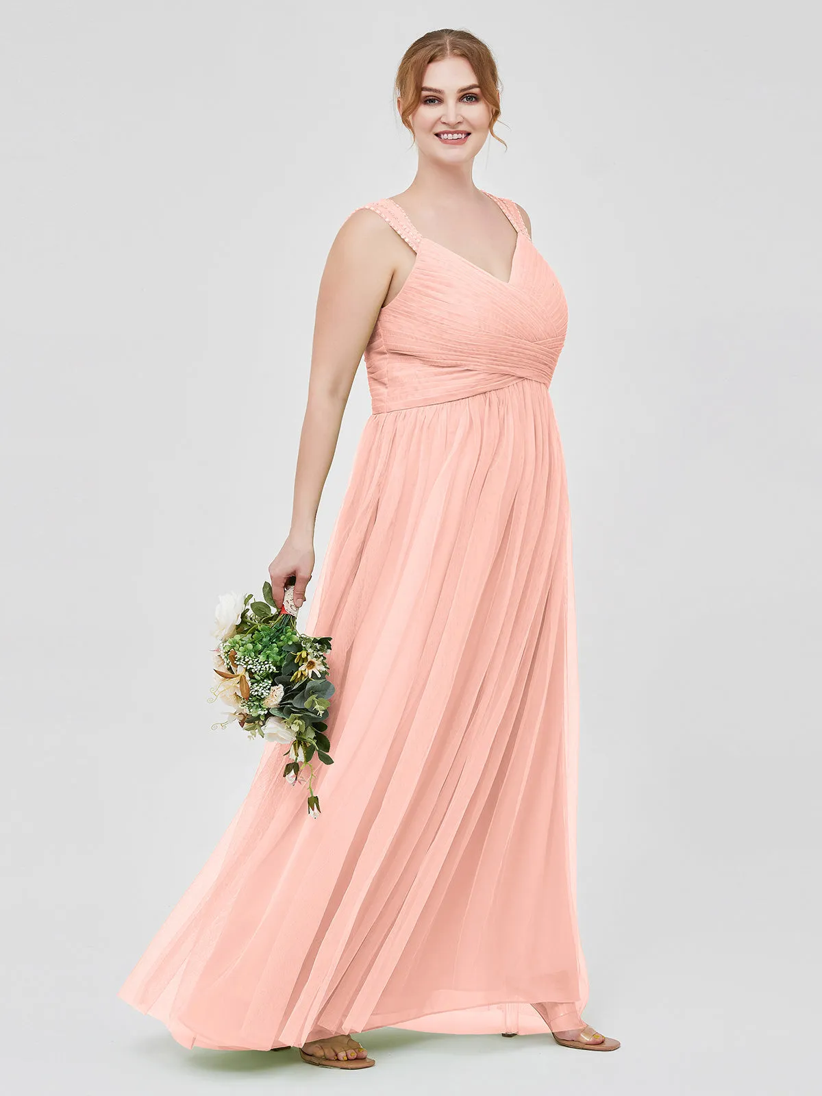 Cross-Pleated Tulle Long Dresses with Beaded Straps Coral Plus Size