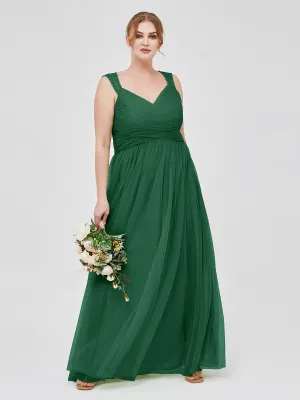 Cross-Pleated Tulle Long Dresses with Beaded Straps Dark Green Plus Size