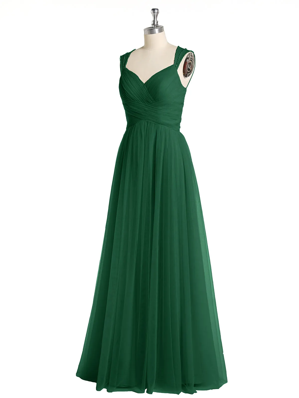 Cross-Pleated Tulle Long Dresses with Beaded Straps Dark Green Plus Size