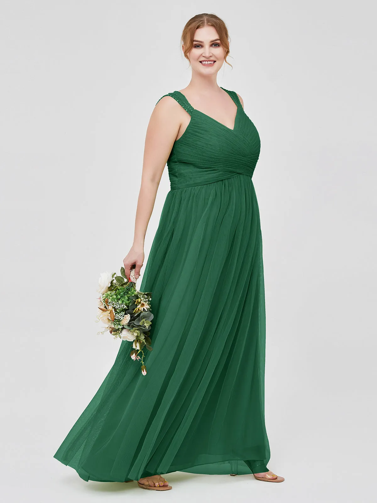 Cross-Pleated Tulle Long Dresses with Beaded Straps Dark Green Plus Size