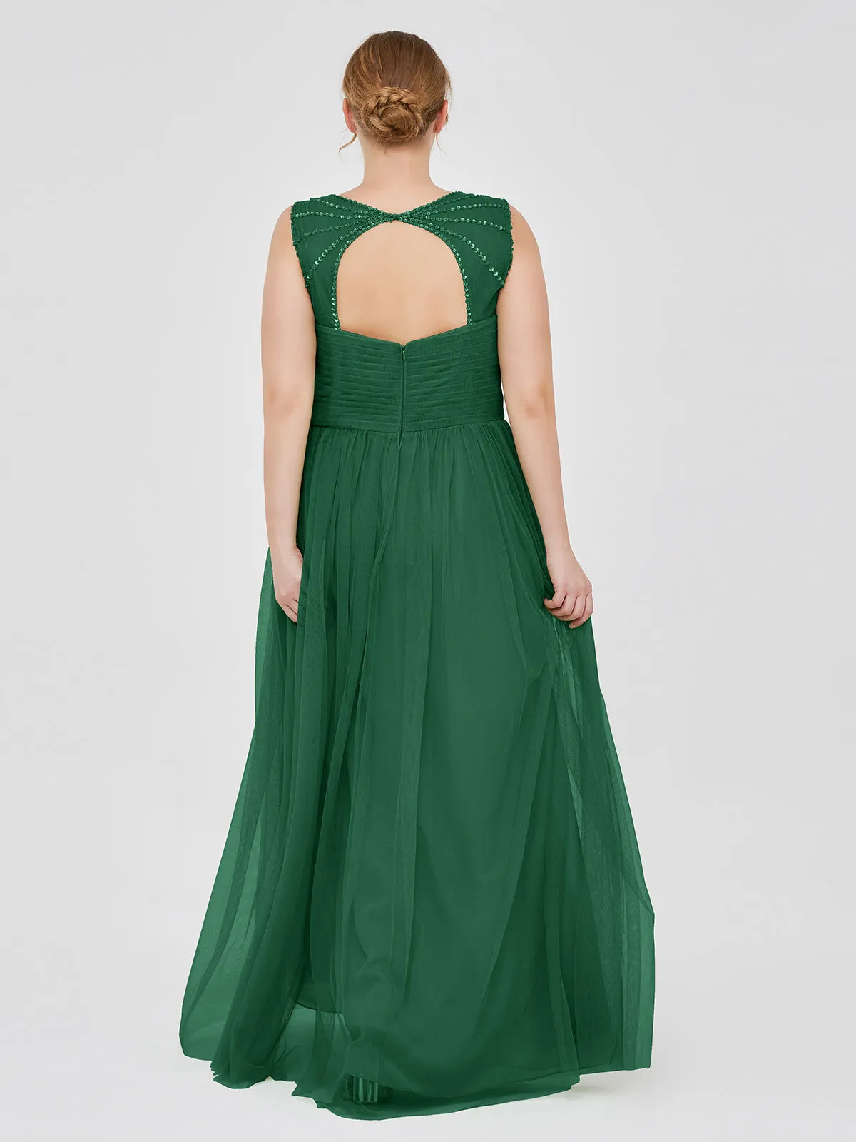 Cross-Pleated Tulle Long Dresses with Beaded Straps Dark Green Plus Size