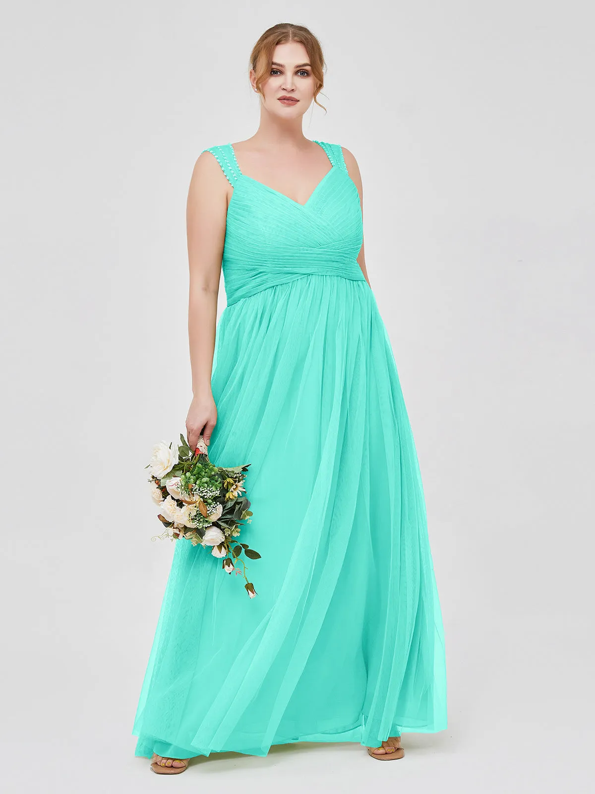 Cross-Pleated Tulle Long Dresses with Beaded Straps Spa Plus Size