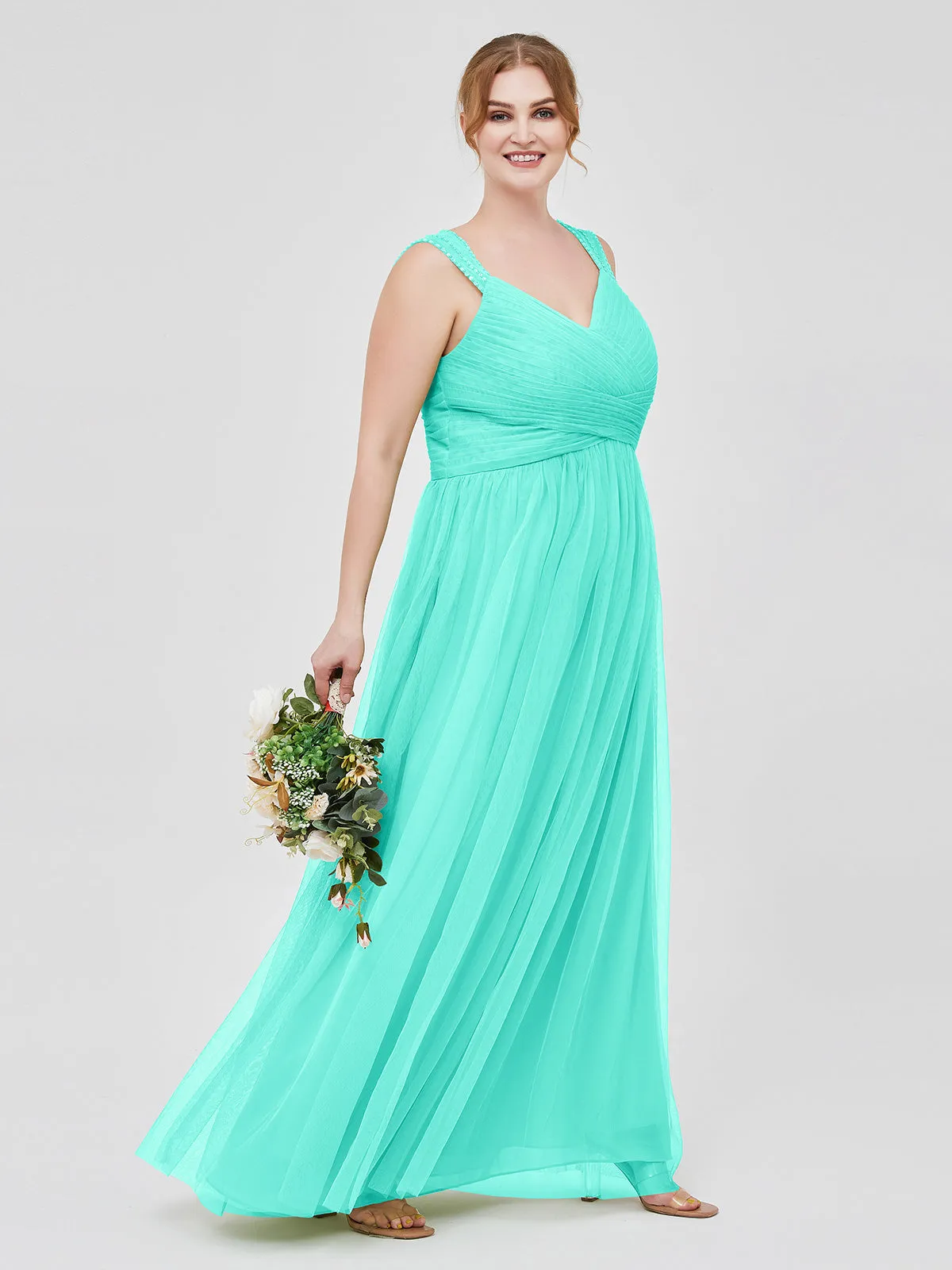 Cross-Pleated Tulle Long Dresses with Beaded Straps Spa Plus Size