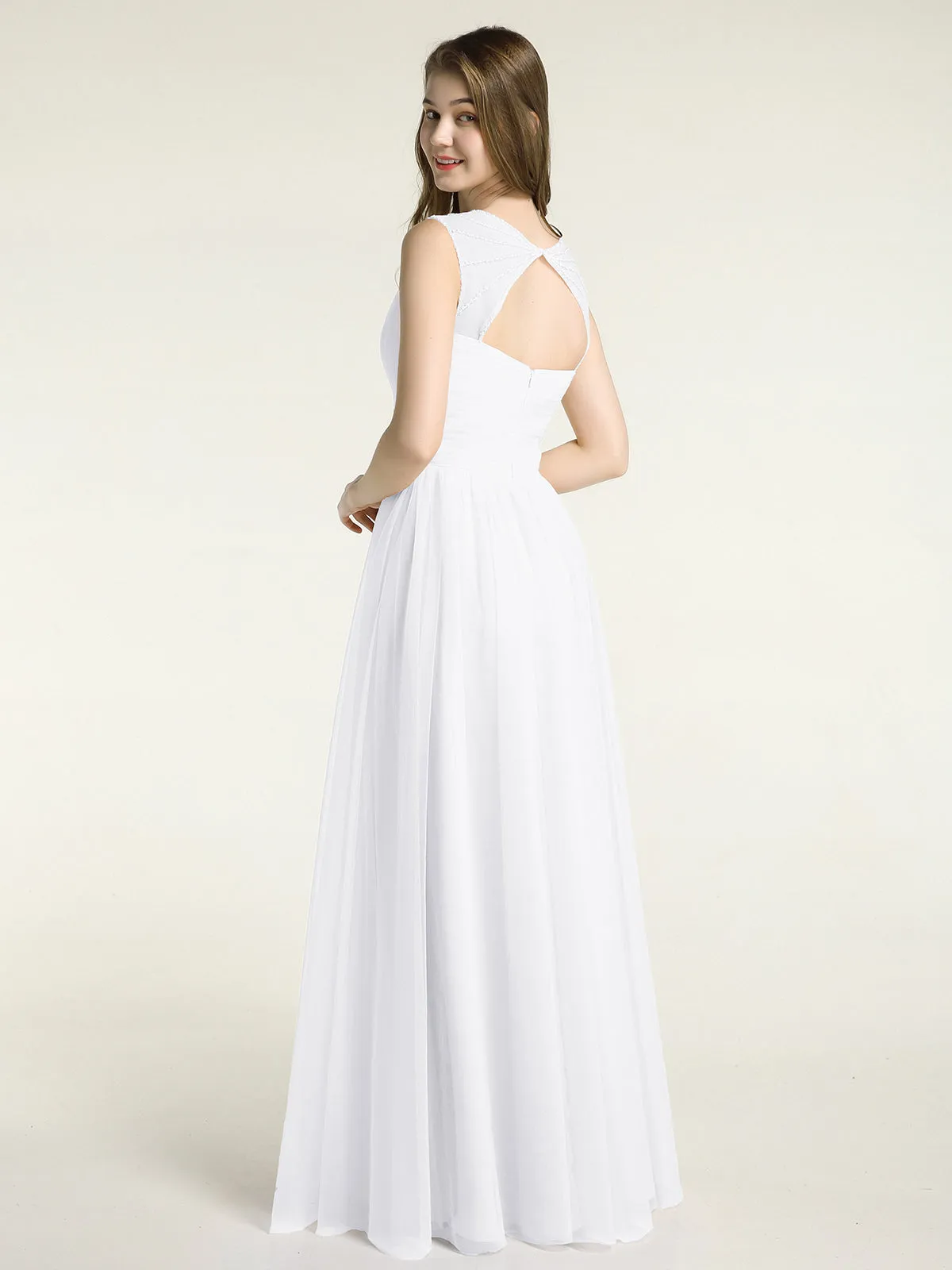 Cross-Pleated Tulle Long Dresses with Beaded Straps White