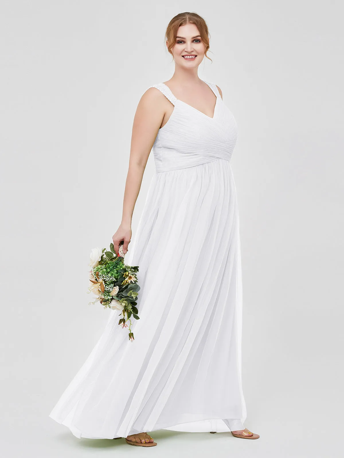 Cross-Pleated Tulle Long Dresses with Beaded Straps White