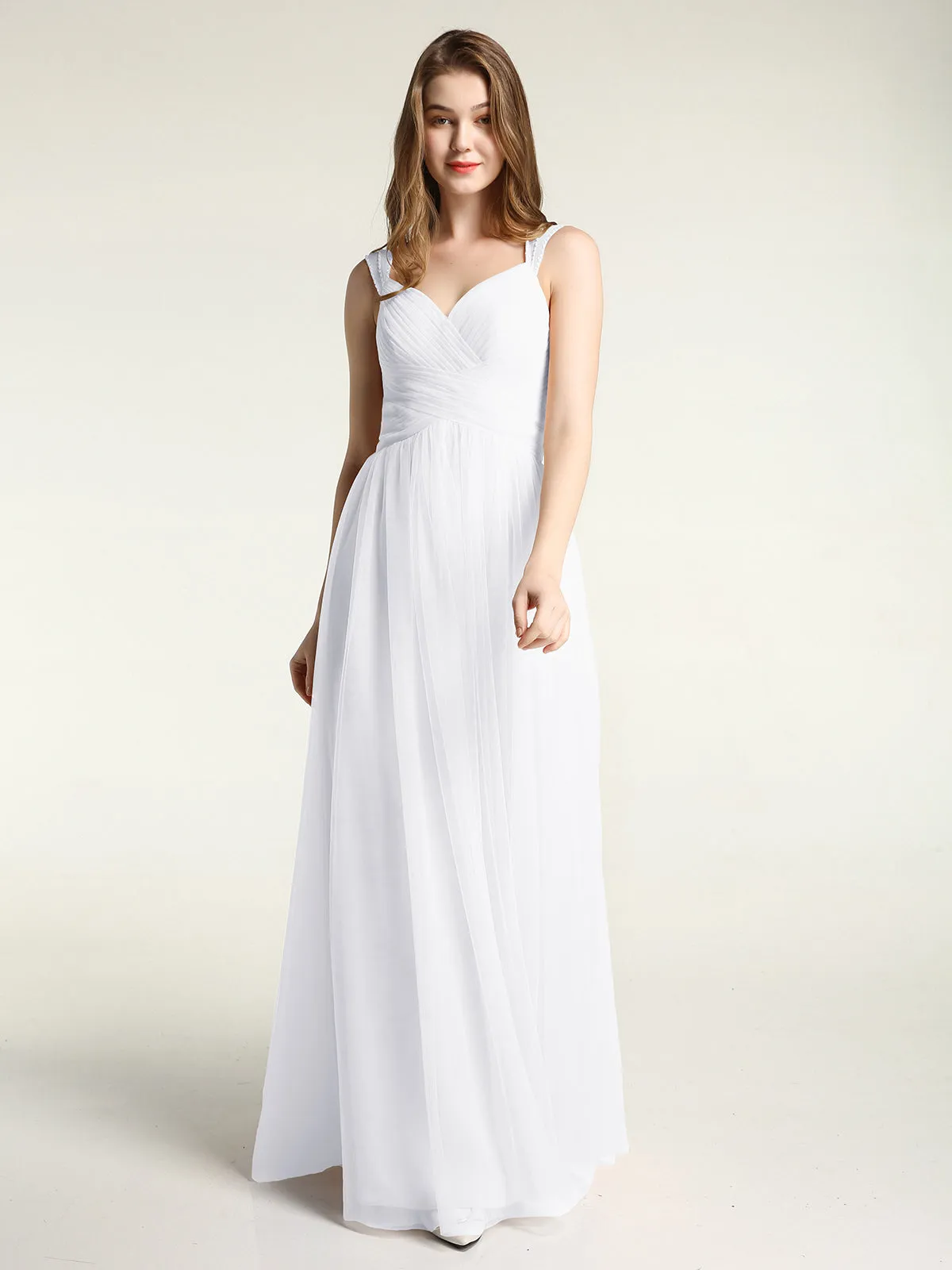 Cross-Pleated Tulle Long Dresses with Beaded Straps White