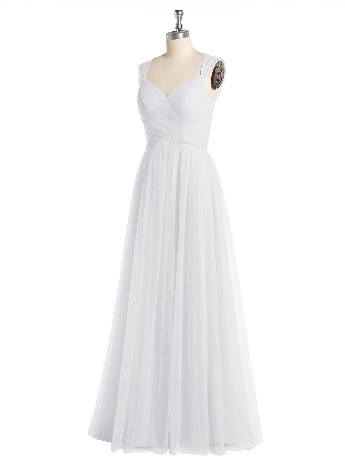 Cross-Pleated Tulle Long Dresses with Beaded Straps White