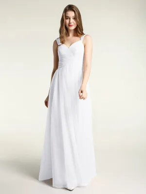 Cross-Pleated Tulle Long Dresses with Beaded Straps White