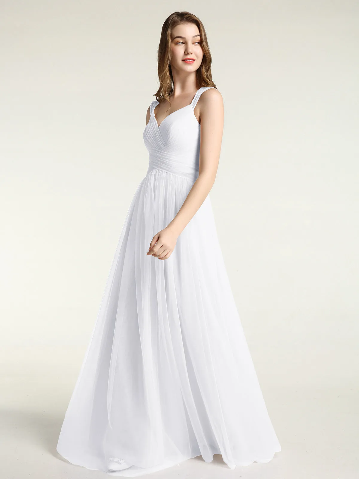 Cross-Pleated Tulle Long Dresses with Beaded Straps White